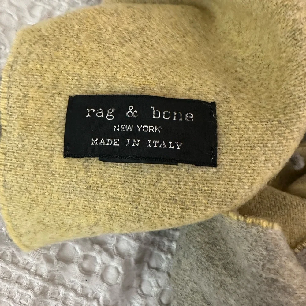rag & bone Italian wool gray and yellow two toned large logo scarf reversible